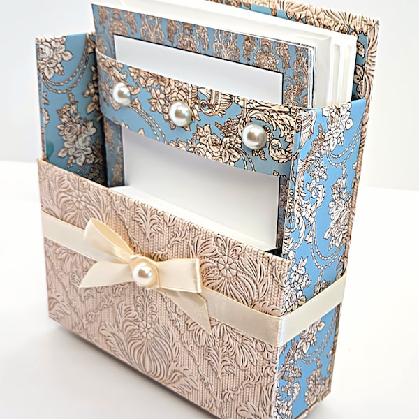 42-Pc Stationery Gift Box Set w/Reusable Desktop Organizer Box and Gold Pen - Blue & Ivory Lace