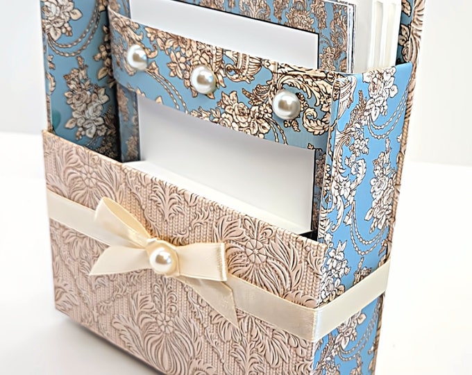 42-Pc Stationery Gift Box Set w/Reusable Desktop Organizer Box and Gold Pen - Blue & Ivory Lace