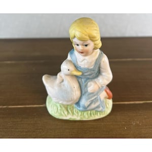 Vtg Porcelain Figurine 3&quot; Little Girl with Duck Cute Miniature Collectible