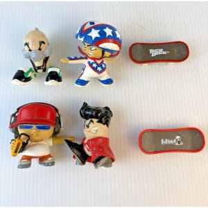 May include: Collection of miniature skateboarder figurines and skateboards. The figurines are in various poses and outfits, including a red, white, and blue helmet and a red cap. The skateboards have the text "Tech Deck" and "Blind".