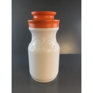 Vintage Milk Glass Tang Jar Canister Embossed Daisies Orange Plastic Lid