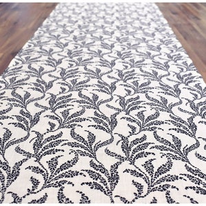 Linen Table Runner White and Blue Leaf Pattern