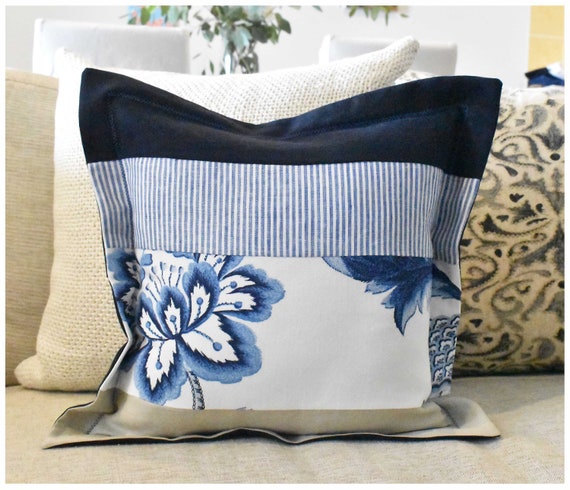 Small Cushion Cover, Blue Floral, Pinstripe and Navy Linen - Etsy