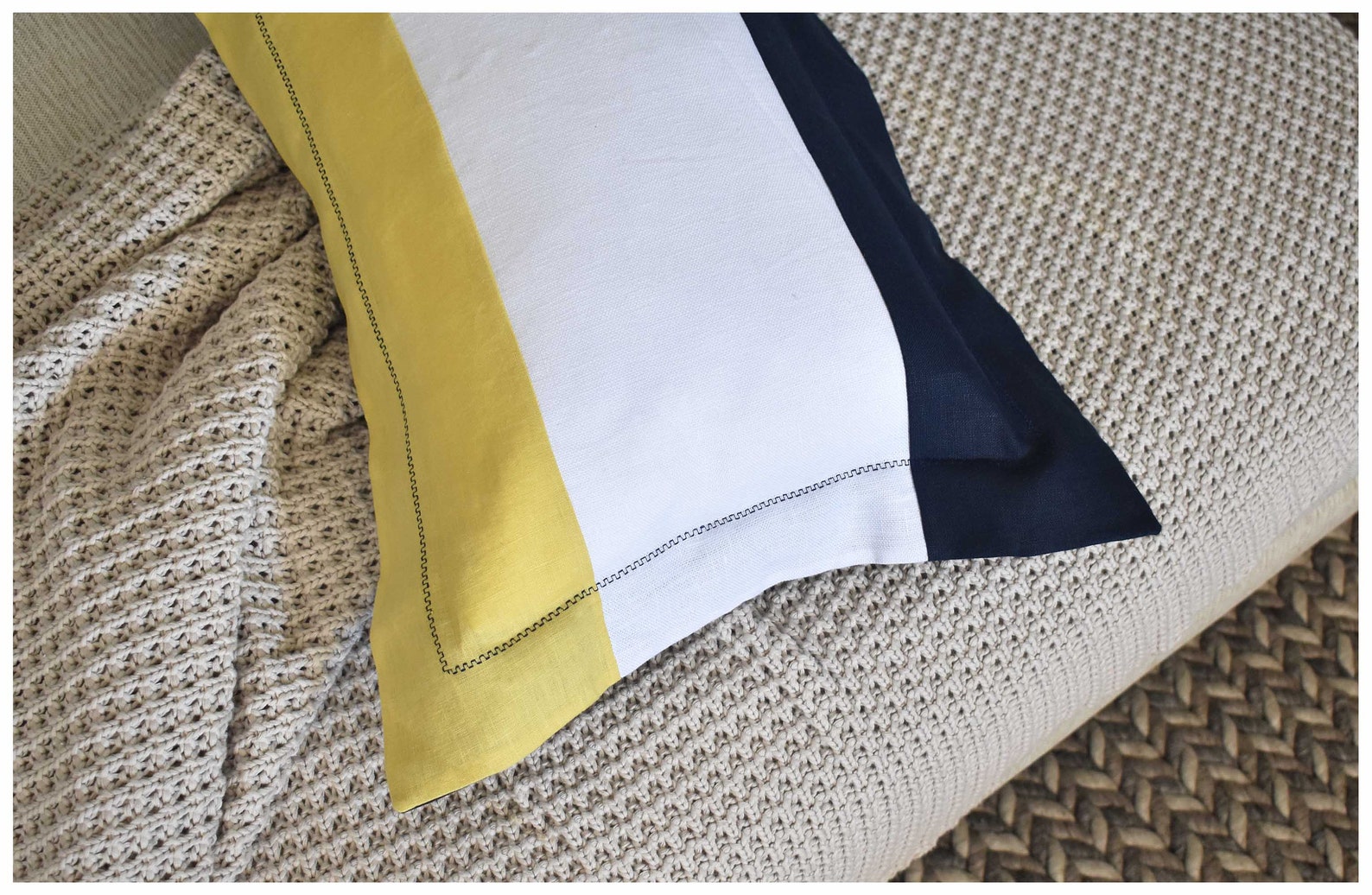 Cushion Cover Navy, Yellow and White Linen Pillow Cover Etsy UK