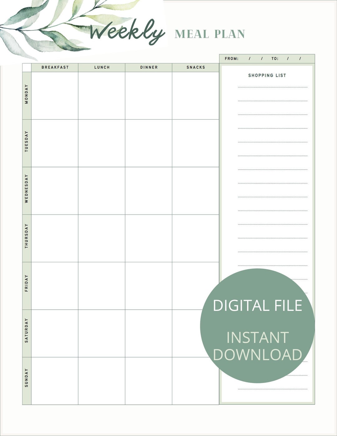 Weekly Meal Planner - Printable - Digital File - Instant Download - Etsy