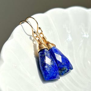 Può includere: Un paio di orecchini pendenti color oro con pietre sfaccettate di lapislazzuli blu intenso. Le pietre a forma di goccia sono avvolte con filo d'oro nella parte superiore, con ganci per le orecchie color oro. Gli orecchini sono esposti su una superficie bianca.