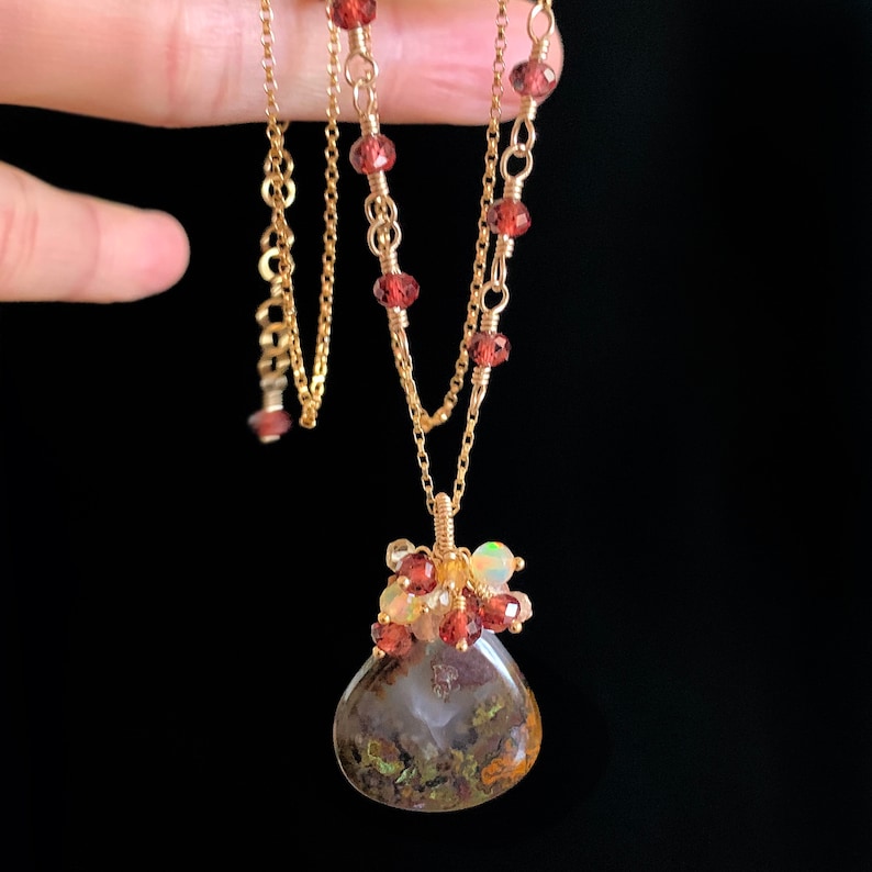 Natural Moroccan Apple Valley Agate /& Red Garnet Cluster Charm Necklace in 14K Gold Filled Artisan January Birthstone Jewelry Gift for Mom