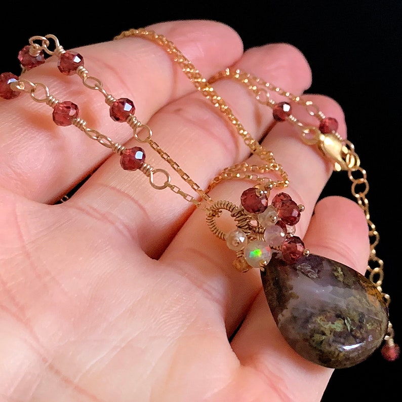 Natural Moroccan Apple Valley Agate /& Red Garnet Cluster Charm Necklace in 14K Gold Filled Artisan January Birthstone Jewelry Gift for Mom