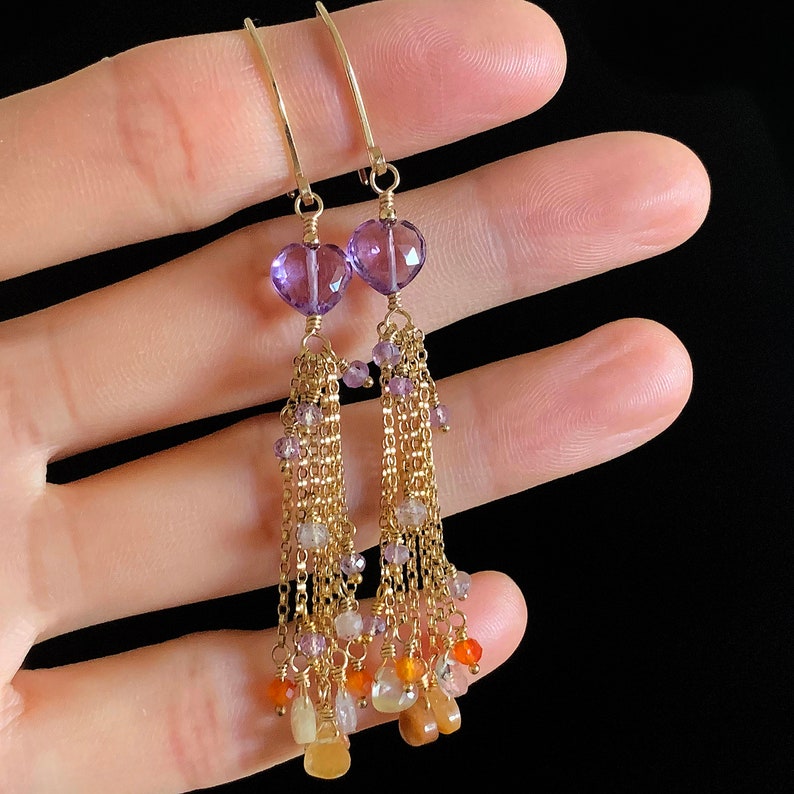 Purple Amethyst /& Multi Gemstone Gold Chain Tassel Earrings Long Dangle Drop Earrings One of A Kind Jewelry Gifts Boho Statement Earrings
