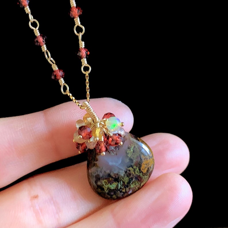 Natural Moroccan Apple Valley Agate /& Red Garnet Cluster Charm Necklace in 14K Gold Filled Artisan January Birthstone Jewelry Gift for Mom