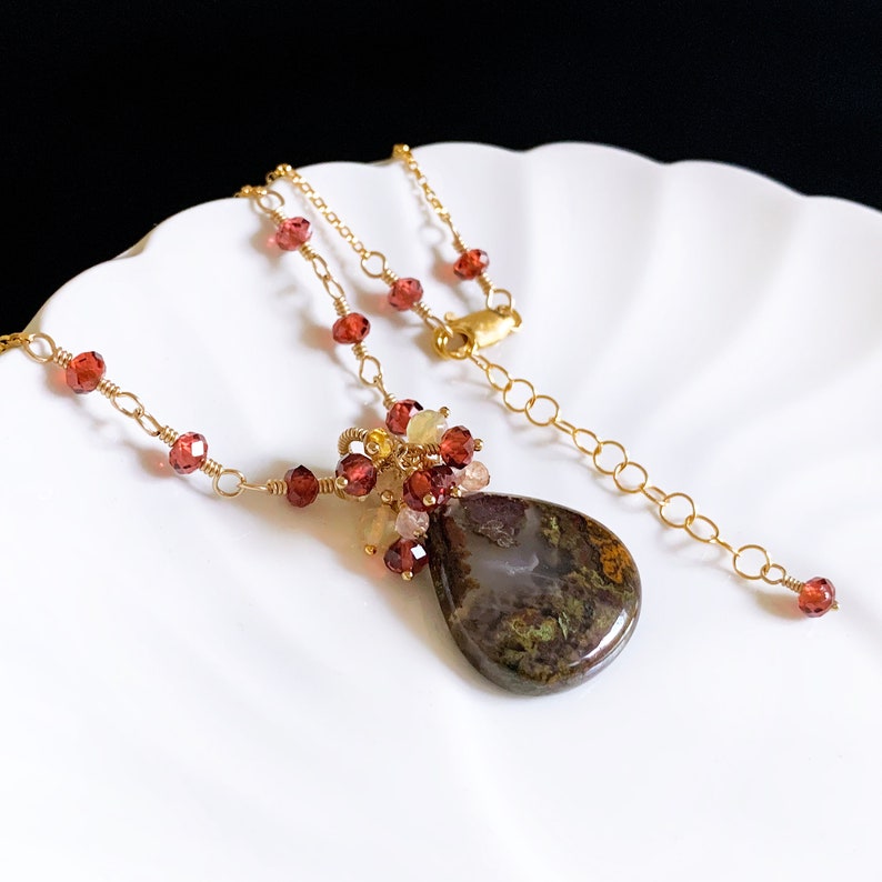 Natural Moroccan Apple Valley Agate /& Red Garnet Cluster Charm Necklace in 14K Gold Filled Artisan January Birthstone Jewelry Gift for Mom