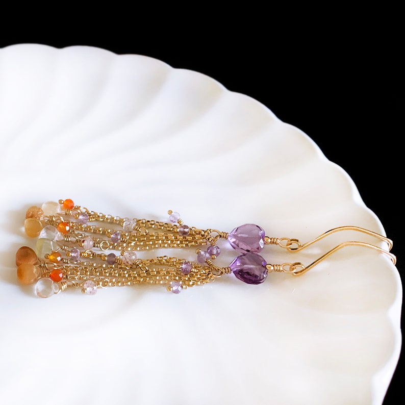 Purple Amethyst /& Multi Gemstone Gold Chain Tassel Earrings Long Dangle Drop Earrings One of A Kind Jewelry Gifts Boho Statement Earrings