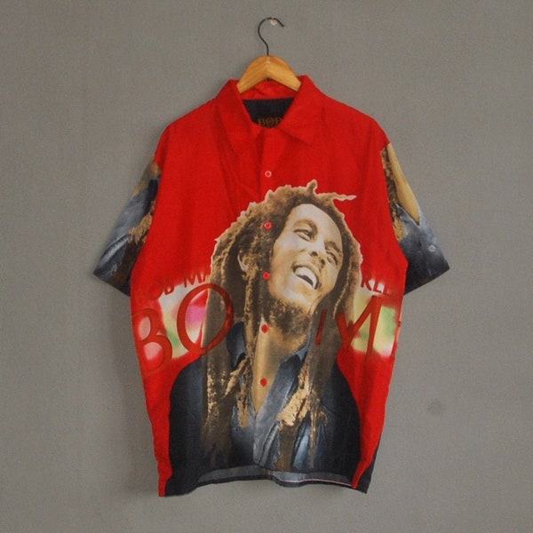 BOB MARLEY Button Up Polyester T shirt Large / Rare Vintage 00s Reggae Rasta Full Pront OVP Style Streetwear shirt