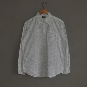 May include: A white long-sleeved button-down shirt with a repeating pattern of the words "BAIT" and "BAIT FISHING" in grey.