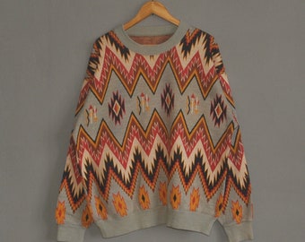 Vintage Navajo Indian Motive 1980s sweatshirt Size Large / 80s Native Aztec Pattern tribal tradition culture pullover / Crewneck
