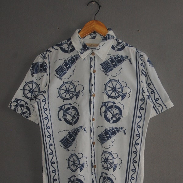 Vintage Global Work Japanese brand button up shirt size S/M / 1990s Harajuku Sailing All Over Print shirt / Streetwear Men's shirt