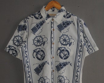 Vintage Global Work Japanese brand button up shirt size S/M / 1990s Harajuku Sailing All Over Print shirt / Streetwear Men's shirt