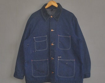 Vintage 70s WRANGLER Denim Chore Work Jacket size 46 / XL / 1970s  Western Style Casual  workwear Jeans Work Blanket Lined jacket