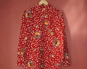 Vintage H. Ranch Market Hawaiian motive Abstract button down shirt size Medium / 1990s HR Market Harajuku japanese culture casual shirt