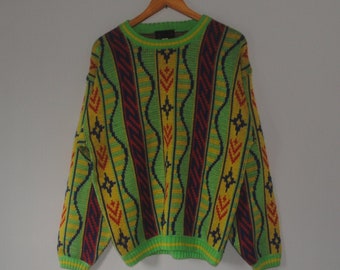 Vintage Bright Colour Knit Sweatshirt size Medium / 1990s Hip Hop rapper Rap streetwear Jumper pullover / 90s Multicolor knitwear Crewneck