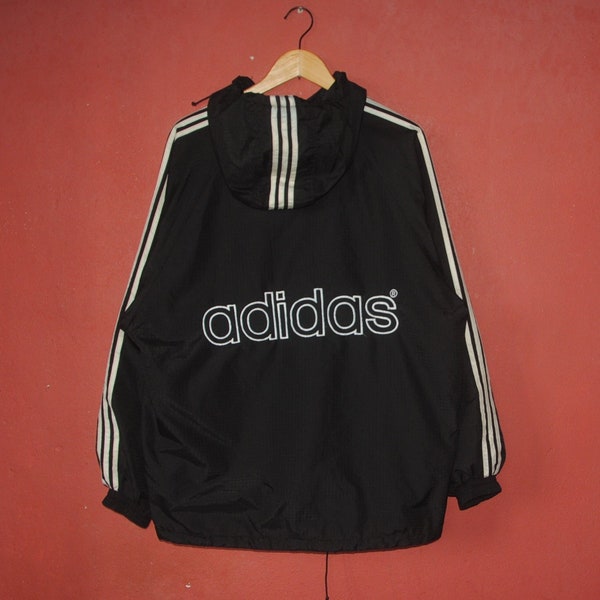 Vintage ADIDAS 1990s sweater jacket size Large / 90s distressed black Pullover / swag hipster windbreaker / Big Logo Loose Hoodie sweater