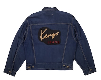 80-90's KENZO ナイロン切替 denim jacket black 80s Kenzo Jeans Japanese Asian Print Denim Jacket With Frayed