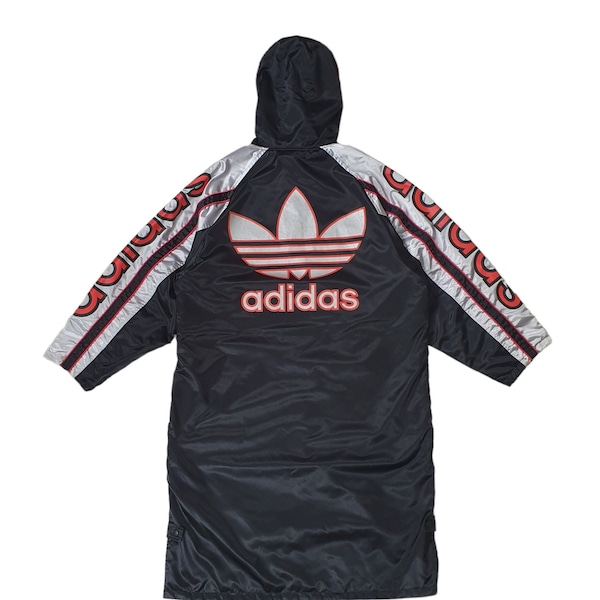 Vintage ADIDAS Trefoil 1990s Long Coach jacket size M-L / 90s Adidas Big Logo windbreaker boyfriend Parka Coat Winter Hip Hop Jacket