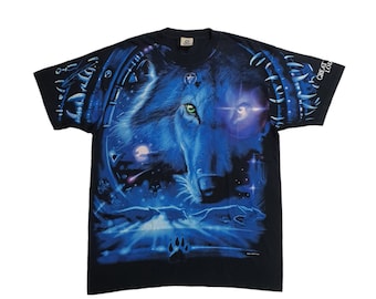 Vintage 2001 LIQUID BLUE Great Wolf Lodge T shirt size XL / 00s Y2K Wolfgang Animal nature drawing Hipster hip hop ovp All over print tee