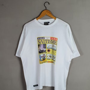 Koszulka Vintage 1998 AIGLE Nautisme Wiosna Lato rozmiar L / Rzadka Francuska marka modowa lat 90. Streetwear klasyczna koszulka z grafiką z lat 90.