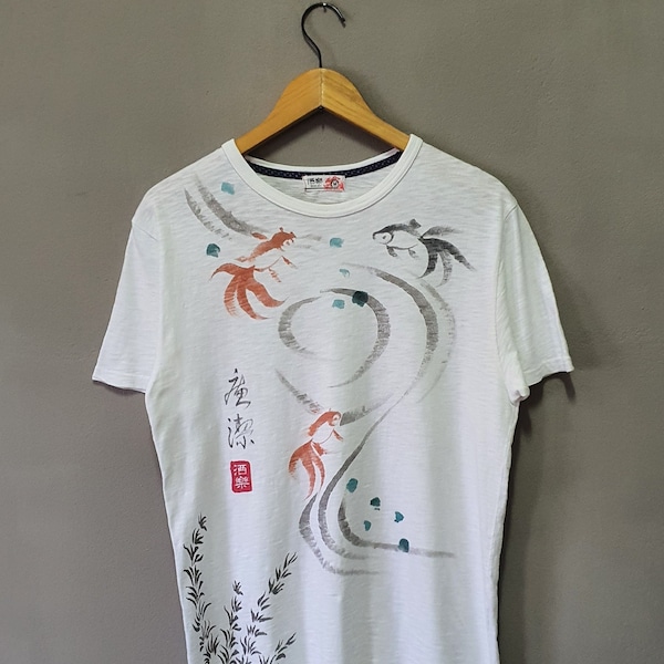 Vintage Sharaku Oriental Style Japan abstraktes T-Shirt Gr.M / 90s Souvenir Sukajan Japan Motiv Koi Sakura Tee