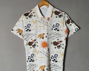 Vintage Jean Charles De Castelbajac JCDC Sport Polo Collar 90s T shirt size 1/S Fashion Designer Pop art cartoon All Over Print shirt