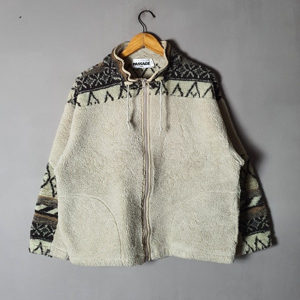 Vintage PASSAGE CLUB Fleece Sweater Größe Medium / 1990er Streetwear Sherpa Native Navajo Sweater 90er Jahre Full Zipper Pullover