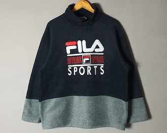 Vintage FILA 1990s Fleece sweater size Medium / 90s Fila Fleece Pullover Spell Out Logo Streetwear clothing / 90s Warm Wear Hip Hop Pullover