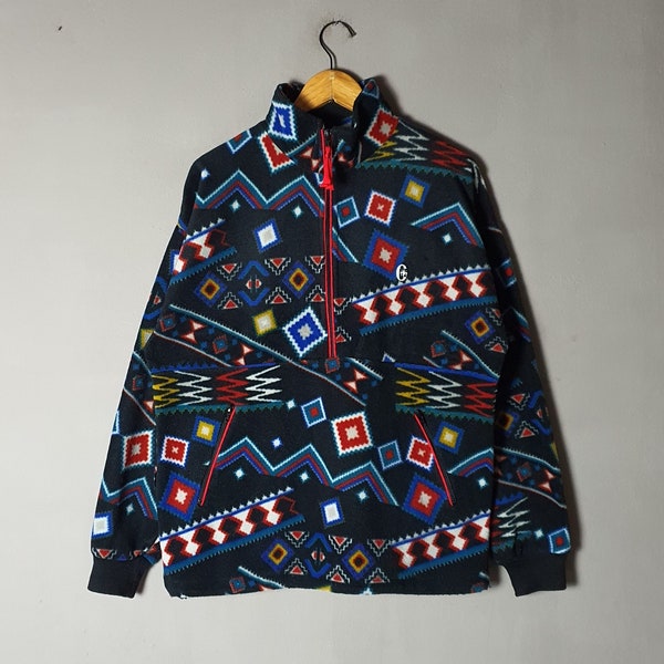 Vintage Conte of Florence fleece sweater size Medium / 1990s Colourful Traditional Fashion Quater zipper abstract native Italy Ski sweater