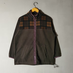 Ladies Vintage ELLESSE Fleece classic from 1990s Zipper Sweater size Medium / 90s Brown Plaid Classic sweater