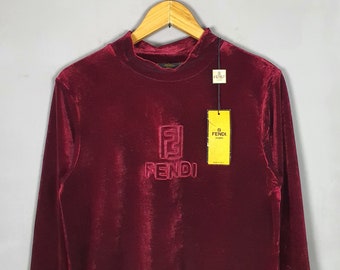 Vintage FENDI 90s Velvet Embossed Logo Long Sleeve T shirt size 42 / 1990s  High Fashion NOS womens tee shirt / Made in Italy