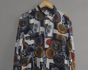 Vintage SEAGLEN Abstraktes Button-up Shirt Größe Medium / 1990s Classic Fashion Barock Royalty Motiv Preppy Hip Hop Disco Party Shirt