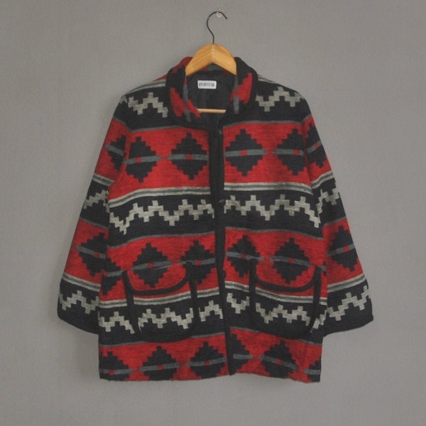 Vintage Visuto Su Womens Knit Native jaren 1990 Tops trui Blazer maat Medium / jaren '80 jaren '90 Mexicaanse baja Stijl Rode Dames trui