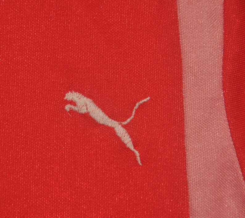 Op de afbeelding: Een rood en roze sporttrui met een wit Puma-logo geborduurd op de voorkant.