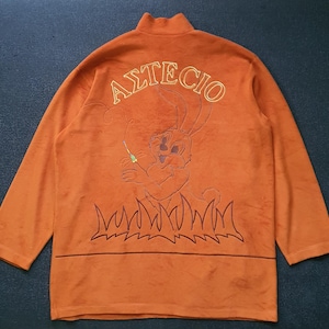 Sweter polarowy Vintage AETECIO w rozmiarze M-L / Lata 90. Y2K Japoński sweter z haftowanym króliczkiem z kreskówek, zamek błyskawiczny Quater Zipper Pullover