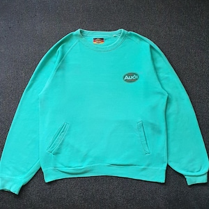 May include: A turquoise blue sweatshirt with a white crew neck and long sleeves. The sweatshirt has two pockets and a logo on the front that says "Audi" in a white oval.