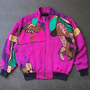 Vintage 90s PICASSO art Jacket size M / 1990s Artist Pop Art Jacket / Pablo Picasso Colourful Over Print Streetwear Purple Bomber Jacket