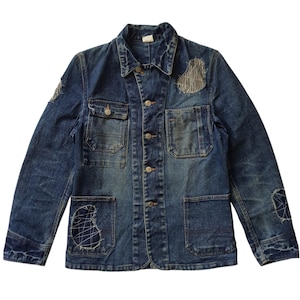 Veste de travail en denim vintage taille XS / veste vintage japonaise Streetwear Workwear Chore Jeans Boro Sashiko patchs Distressed Faded Style