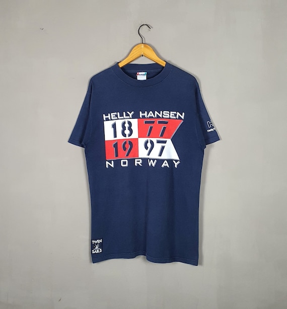Helly Hansen, Vintage 1997 HELLY HANSEN Sailing Gear T shirt size Large / 90s Norway Twin Sails Nautica shirt / Hip Hop Swag Streetwear Big Logo tees