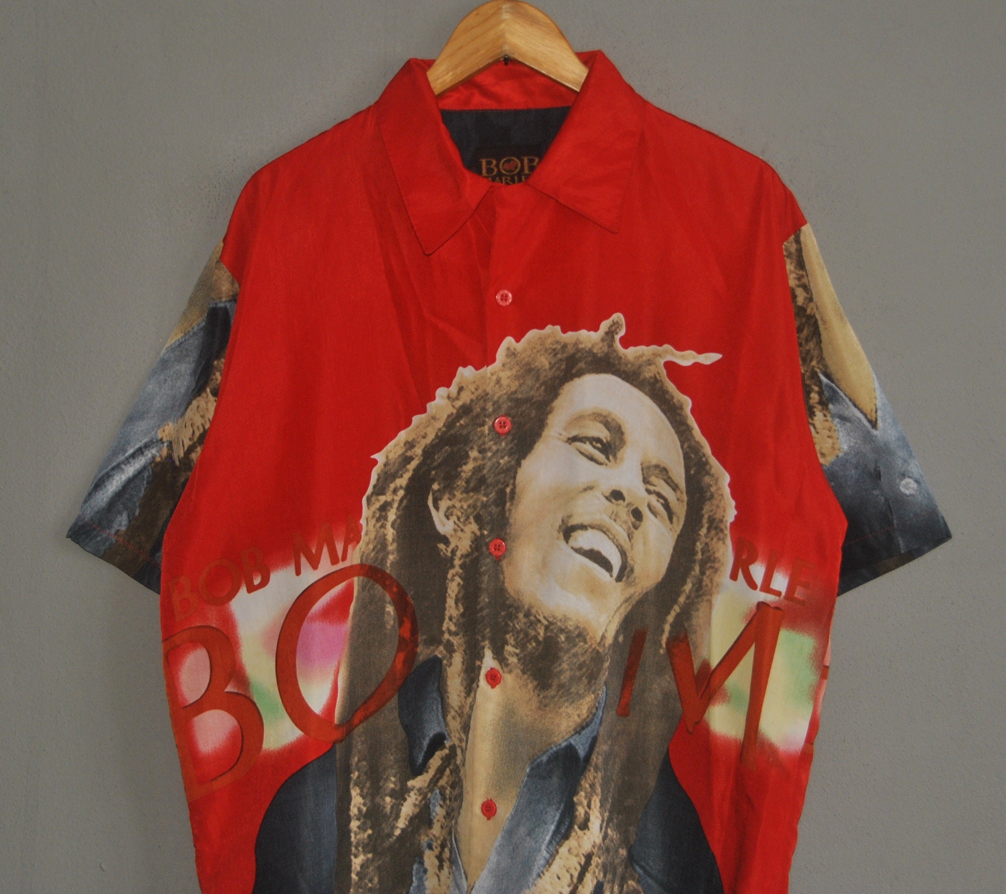 N*n様 BOB MARLEY Open Collar Shirt L doppio】vintage “Bob Marley” face print design open collar