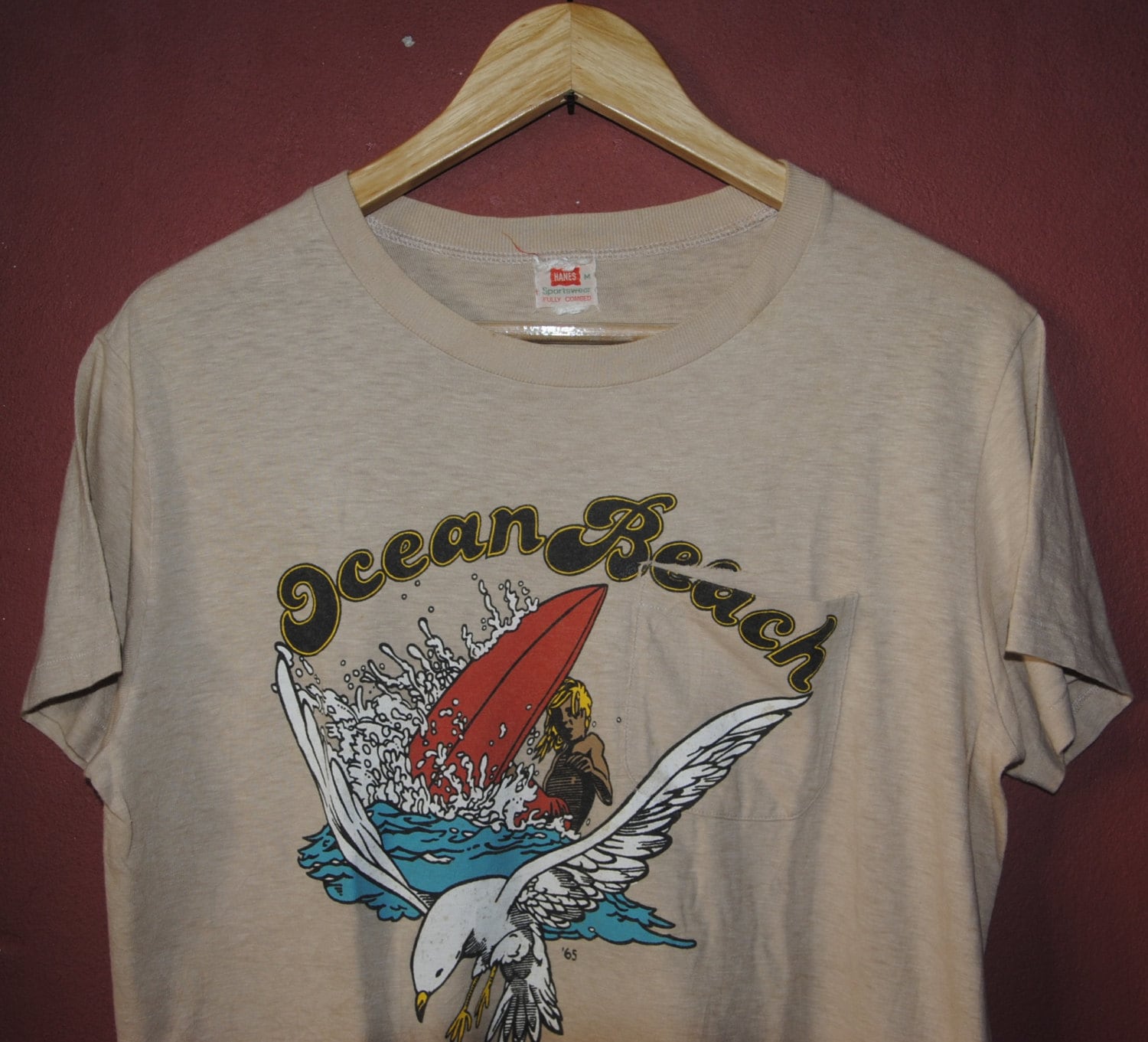 Vintage 1950s Hanes Ocean Beach California Front Pocket T