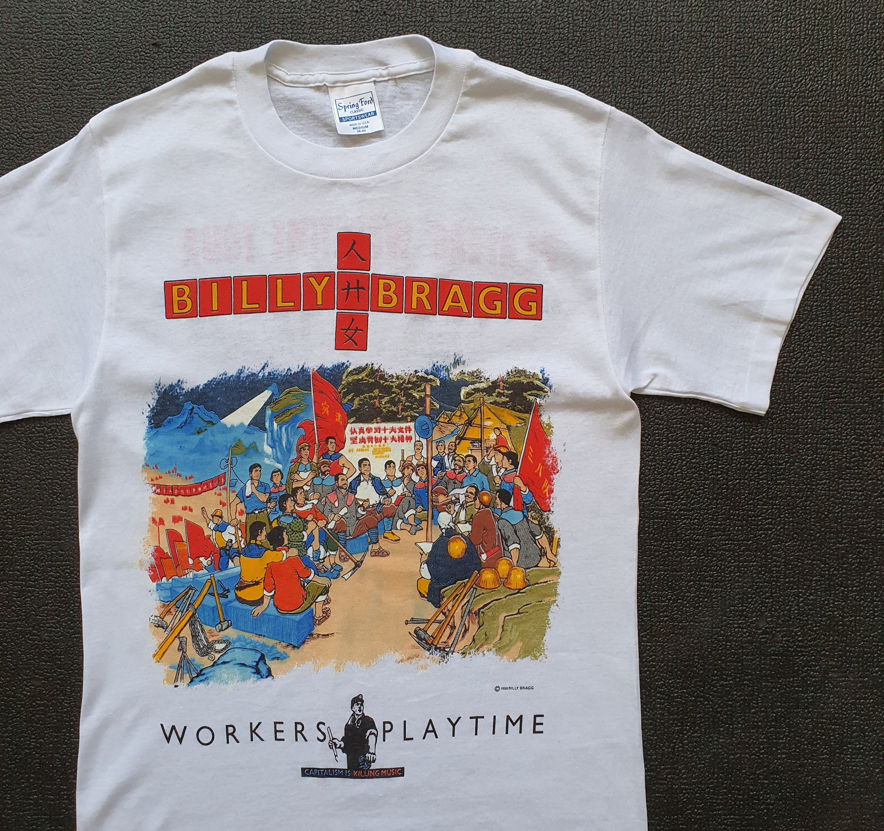 1988　ビリーブラッグ「ワーカーズプレイタイム」ゴー!ディスクツアーTシャツL Vintage 1988 BILLY BRAGG Workers Playtime America Tour T