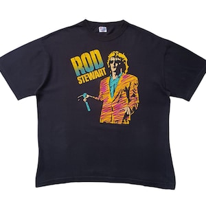 Camiseta vintage de la gira europea de conciertos de Rod Stewart de 1986, talla grande, de guitarrista de rock inglés británico, blues, rock y folk de los años 80.