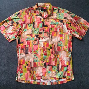 Koszula vintage CHRISTIAN AUJARD Homme z lat 90. z guzikami, rozmiar L / Klasyczna abstrakcyjna sztuka, malarstwo, kolorowa, Preppy, motyw, projektantka
