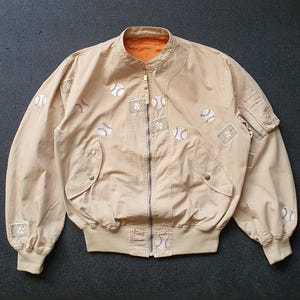 Vintage KARL HELMUT 90s Cotton Bomber Jacket size Medium / 1990s Classic Japanese Fashion Baseball Embroidered Patches MA-1 Flight Jacket